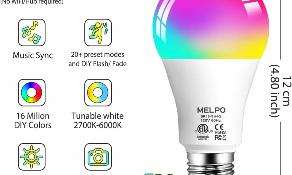 MELPO Smart Light Bulbs, 1300LM Color Changing Light Bulb, 16 Million Colors, Tunable White Alexa Light Bulbs, Music Sync, DIY Flash, Timing, A19 E26 Smart Bulbs, 130W Equivalent, No WiFi Required. 4 product image
