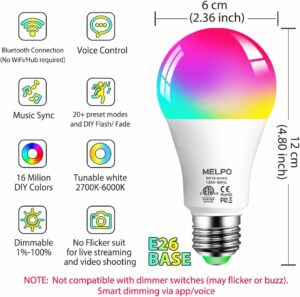 MELPO Smart Light Bulbs, 1300LM Color Changing Light Bulb, 16 Million Colors, Tunable White Alexa Light Bulbs, Music Sync, DIY Flash, Timing, A19 E26 Smart Bulbs, 130W Equivalent, No WiFi Required. 4 product image