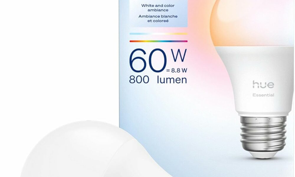 Philips Hue Essential Smart LED A19 Bulb, White and Color Ambiance, E26 Base, 8.8W, 2200K-6500K, 800 Lumens, Dimmable, Works with Alexa, Google, and Apple Home, 1-Pack 1 Pack product image