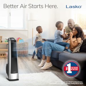 Lasko High Velocity Oscillating Tower Fan for Bedroom, Garage, Basement, and Gym with Remote Control, Timer, 3 Powerful Speeds, 35" Silver/Black, U35115 product image