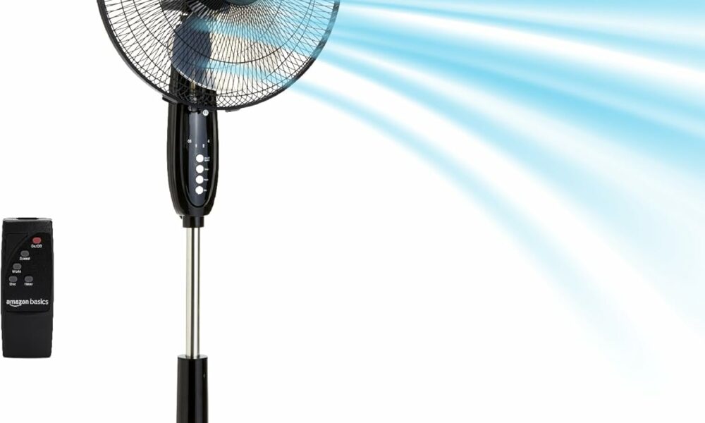 Amazon Basics 16-Inch Pedestal Fan with Remote, 3 Speeds, Timer, Adjustable Height product image