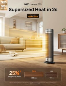 Dreo Space Heater for Large Room, 23 Inch Electric Heaters for Indoor Use, 8 Safe Protection Tower, 70° Oscillation, PTC Ceramic with Thermostat and Remote, Quiet, 12H Timer, Bedroom, Office Silver 23inch