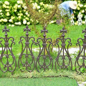 Sungmor Decorative Cast Iron Flower Bed Fence, 28" Tall Vintage Garden Edging Border, 4 Pack Heavy Duty Landscape Picket Fence Panels, Outdoor Plant Support Garden Stake, Victorian Yard Lawn Decor Tall Fence - Brown