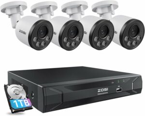 ZOSI 8CH 5MP PoE Security Camera System with 4 Cameras and 1TB HDD