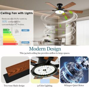 Ceiling Fans with Lights,54 Inch Low Profile Ceiling Fan with Light and Remote Control,6 Speeds/6 Blade,Flush Mount,LED Dimmable DC Reversible Modern, Brown Ceiling Fan for Bedroom/Living Room