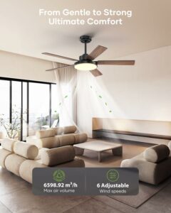 52 inch Black Ceiling fan with Light and Remote/APP, Ceiling Fans with Lights, 3CCT, Reversible 6 Speeds Quiet, Black Modern Ceiling Fan with Light for Indoor Outdoor Bedroom Patio Living Room 52 inch matte black/maple wood grain