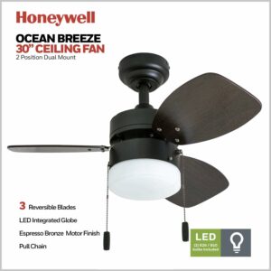 Honeywell Ceiling Fans Ocean Breeze Modern 30 Inch Ceiling Fan with Light, Pull Chain LED Indoor Fan with 3 Blades, Dark Brown Chestnut and Light Oak Blade Finish Options, Bronze (50602-01)
