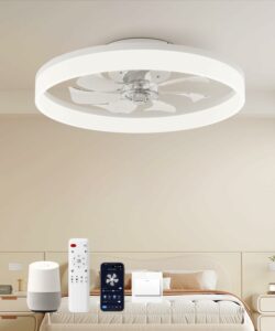 20'' Flush Mount Ceiling Fan with Light, Low Profile Smart Ceiling Fan, 6-Speed & Dimmable LED, Alexa/Google Home Voice Control,Reversible Airflow, App Timer, Memory Function for Bedroom（White）