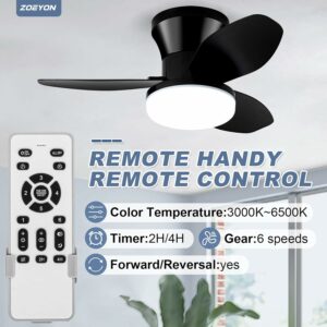 Small Ceiling Fan with Light - 26 Inch Flush Mount Ceiling Fan with Lights and Remote, Low Profile Ceiling Fans with 3 Reversible Blades, 6 Wind Speeds, Black Ceiling Fans for Bedroom