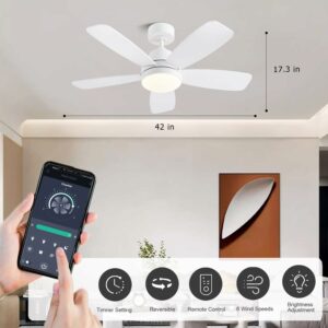 Ceiling Fans with Lights, 42 Inch Low Profile Ceiling Fan with Lights and Remote Control, LED Dimmable DC Reversible, 8 Speed, Noiseless, Modern White Ceiling Fan for Bedroom, Indoor/Outdoor Use White 42 Inch