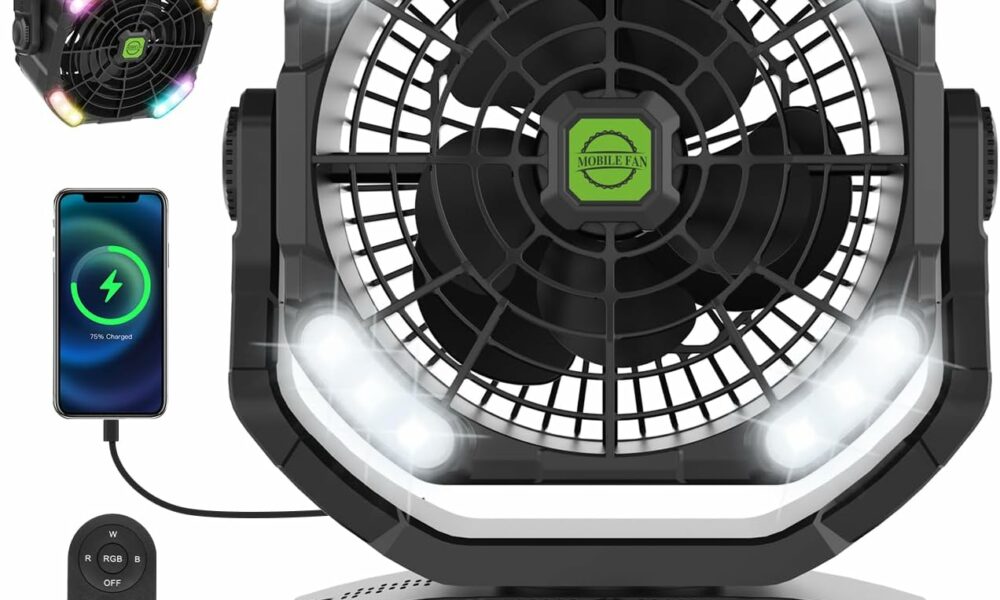 RUNTOP 20000mAh Oscillating Rechargeable Fan with RGB Light and Remote product image