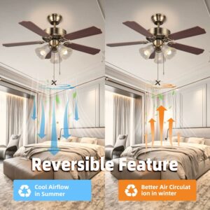 42 Inch Indoor Ceiling Fan with Pull-Chain and Three LED Light Bulbs Base, Traditional 3-Speeds Reversible Blades Ceiling Fan (Antique) Antique 42"
