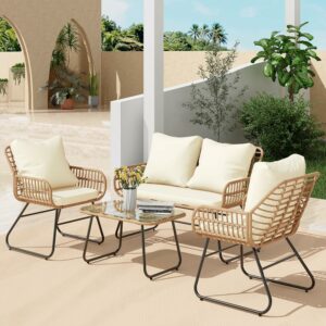 LEX CRAFT 4-Piece Patio Furniture Set with Loveseat, Tempered Glass Table & Cushions