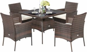 Tangkula 5-Piece Outdoor Dining Set with PE Rattan and Tempered Glass