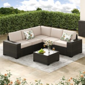 Jing's Villa 6-Piece Patio Sectional Sofa Set with Cushions & Table