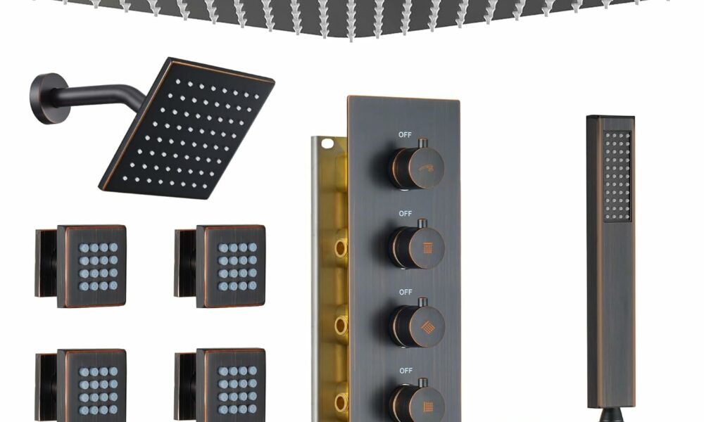 Dasan Thermostatic Shower System with 6 Body Jets and Dual Rainfall Heads product image
