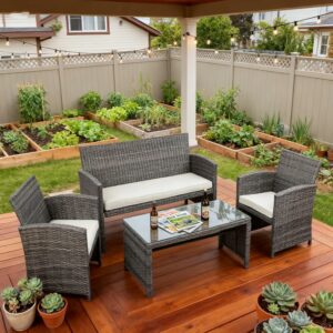 JAMFLY 4-Piece Outdoor Patio Furniture Set with Cushions & Table