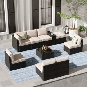 Jing's Villa 9-Piece Patio Sectional Set with Cushions & Glass Table