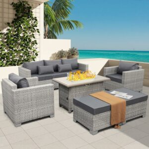 WAROOM 6-Piece Patio Sectional Sofa Set with Fire Pit Table