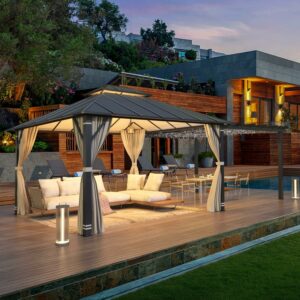 EROMMY 12'x14' Hardtop Gazebo with Pergola (Curtains & Netting Included)