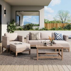 PHI VILLA 5-Piece All-Weather Patio Sectional Set with Acacia Wood Table