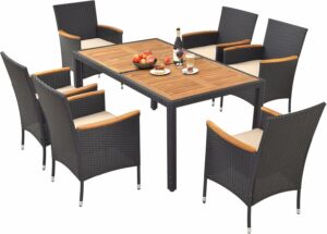 HAPPYGRILL 7-Piece Outdoor Dining Set with Acacia Tabletop & Cushions