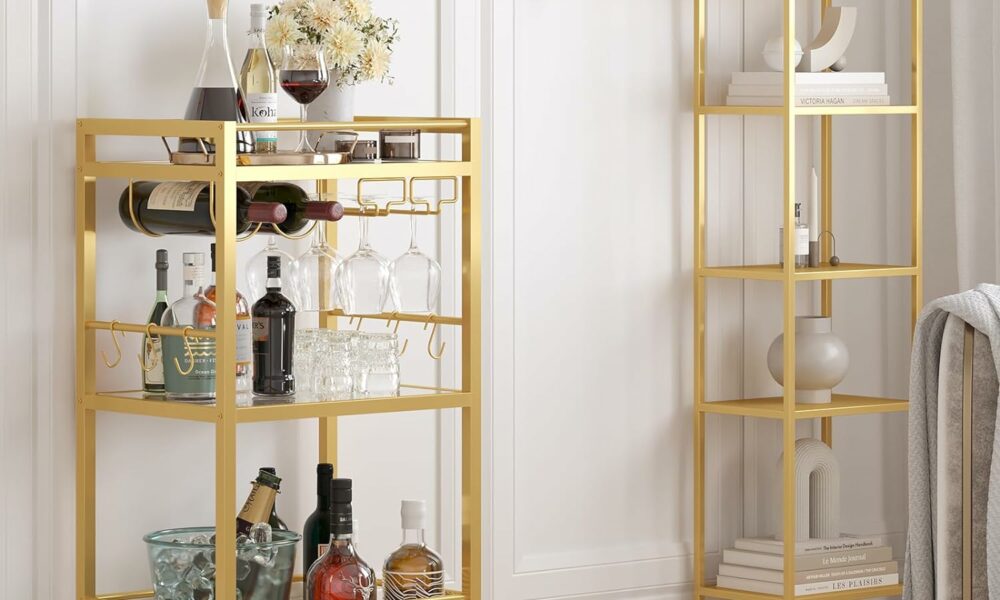 TUTOTAK BC01BB033 3-Tier Bar Cart with Mirrored Shelf and Wine Rack product image