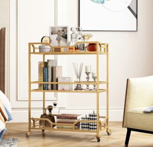 LORMITER 3-Tier Bar Cart with Glass Shelves (Square, Gold)