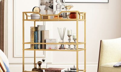 LORMITER 3-Tier Bar Cart with Glass Shelves (Square, Gold) product image