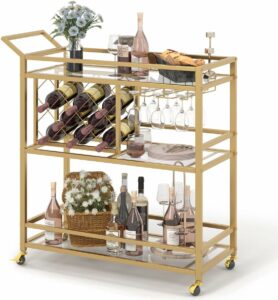 FATORRI Bar Cart with 3 Mirrored Shelves, Wine Rack, and Wheels