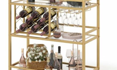 FATORRI Bar Cart with 3 Mirrored Shelves, Wine Rack, and Wheels product image