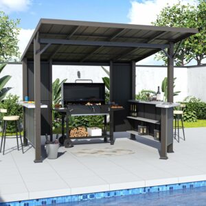 ALAULM 10x10 Hardtop Grill Gazebo with Storage Shelves and Privacy Screen