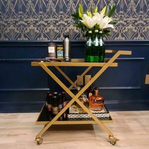 Crofy Gold Bar Cart 2-Tier Snack Cart with Tempered Glass Shelves