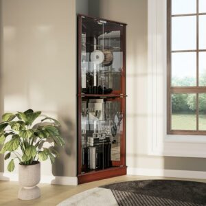 BELLEZE Lighted Corner Curio Cabinet with 6 Shelves and Bar Storage