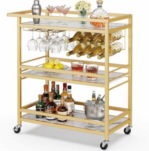 Leteuke 3-Tier Rolling Bar Cart with Marbled Shelves and Wine Rack