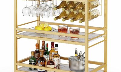 Leteuke 3-Tier Rolling Bar Cart with Marbled Shelves and Wine Rack product image