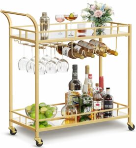 VASAGLE ULRC090A03 Bar Cart with Mirrored Shelves and Wine Holders