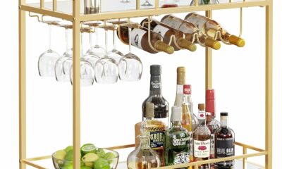 VASAGLE ULRC090A03 Bar Cart with Mirrored Shelves and Wine Holders product image