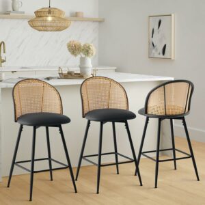 Bekrvio Swivel Counter Stools with Rattan Back (Set of 3)