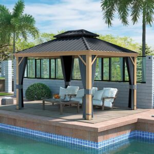 HAPPATIO 10' x 12' Hardtop Gazebo with Netting and Curtains