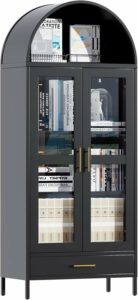 VEXPOR Arched Metal Cabinet with Glass Door, 1 Drawer, 2 Shelves