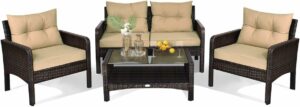 HAPPYGRILL 4-Piece Patio Furniture Set with Sofa, Coffee Table & Storage