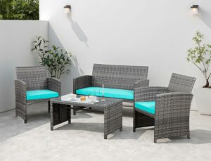 Shintenchi 4-Piece Patio Conversation Set with Cushions and Glass Tabletop