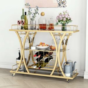 FABOMEI 3-Tier Bar Cart with Glass Shelves & Wine Rack product image