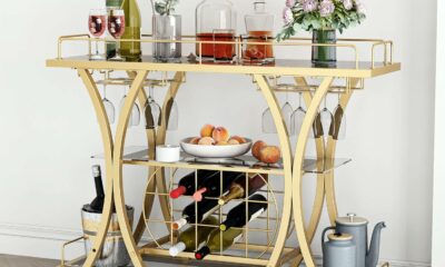 FABOMEI 3-Tier Bar Cart with Glass Shelves & Wine Rack product image