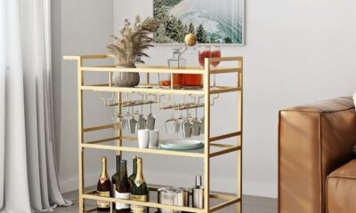 LORMITER 3-Tier Bar Cart with Glass Shelves and Wine Rack product image