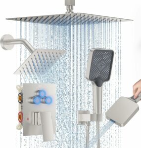 Woindo 12-Inch Ceiling Mount Shower System with 2 Rainfall and Handheld Heads