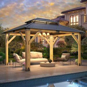 HOWSVTN 11x13FT Wood Gazebo with Galvanized Steel Hardtop Roof