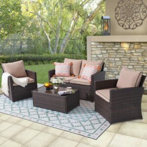 JOIVI 4-Piece Outdoor Patio Furniture Set with Loveseat and Glass Table