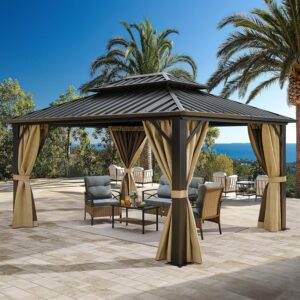 YITAHOME 10x12 ft Hardtop Gazebo with Netting and Curtains